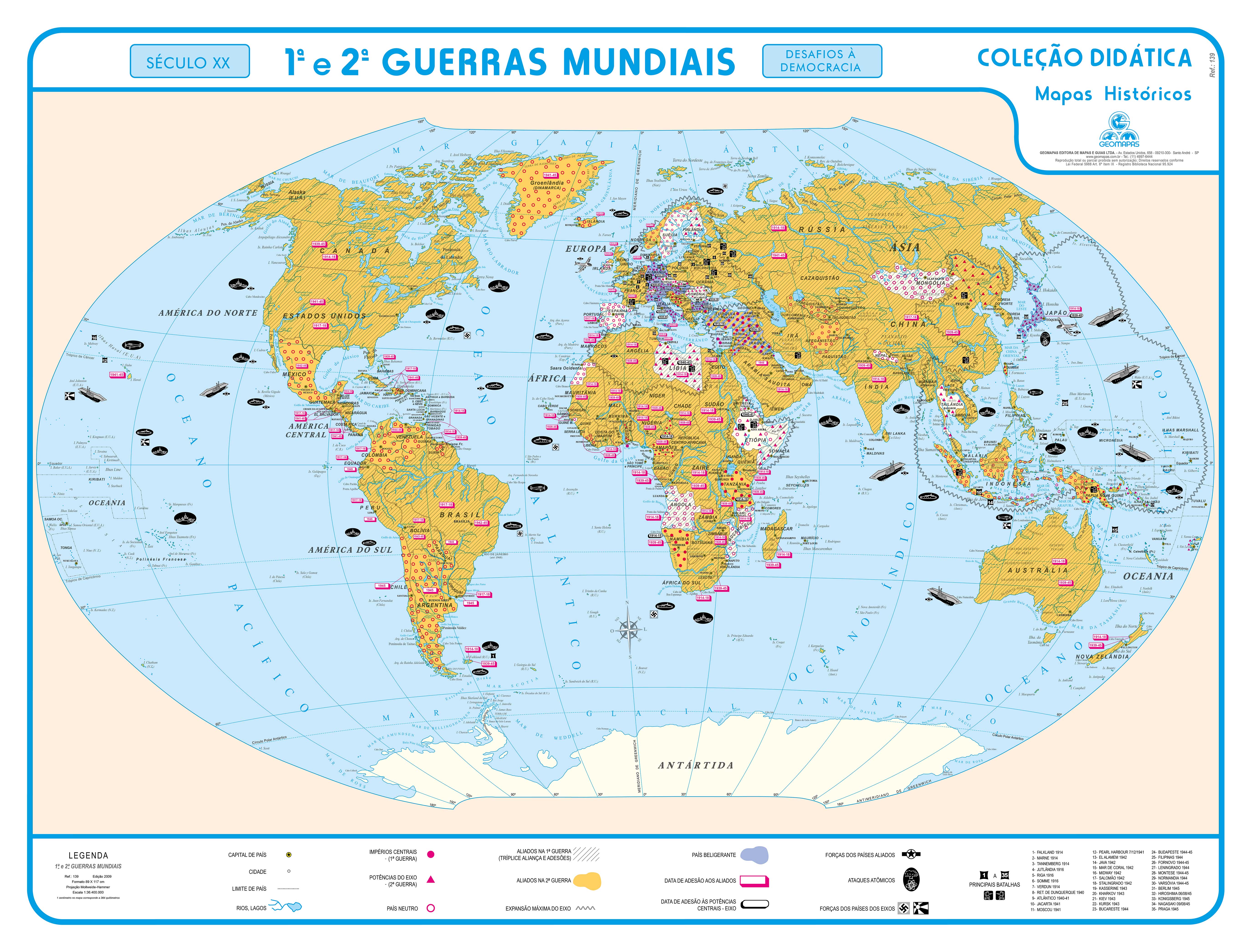 Ref. 139  Mapa das Primeira e Segunda Guerras Mundiais - Formato 1,20x0,90m