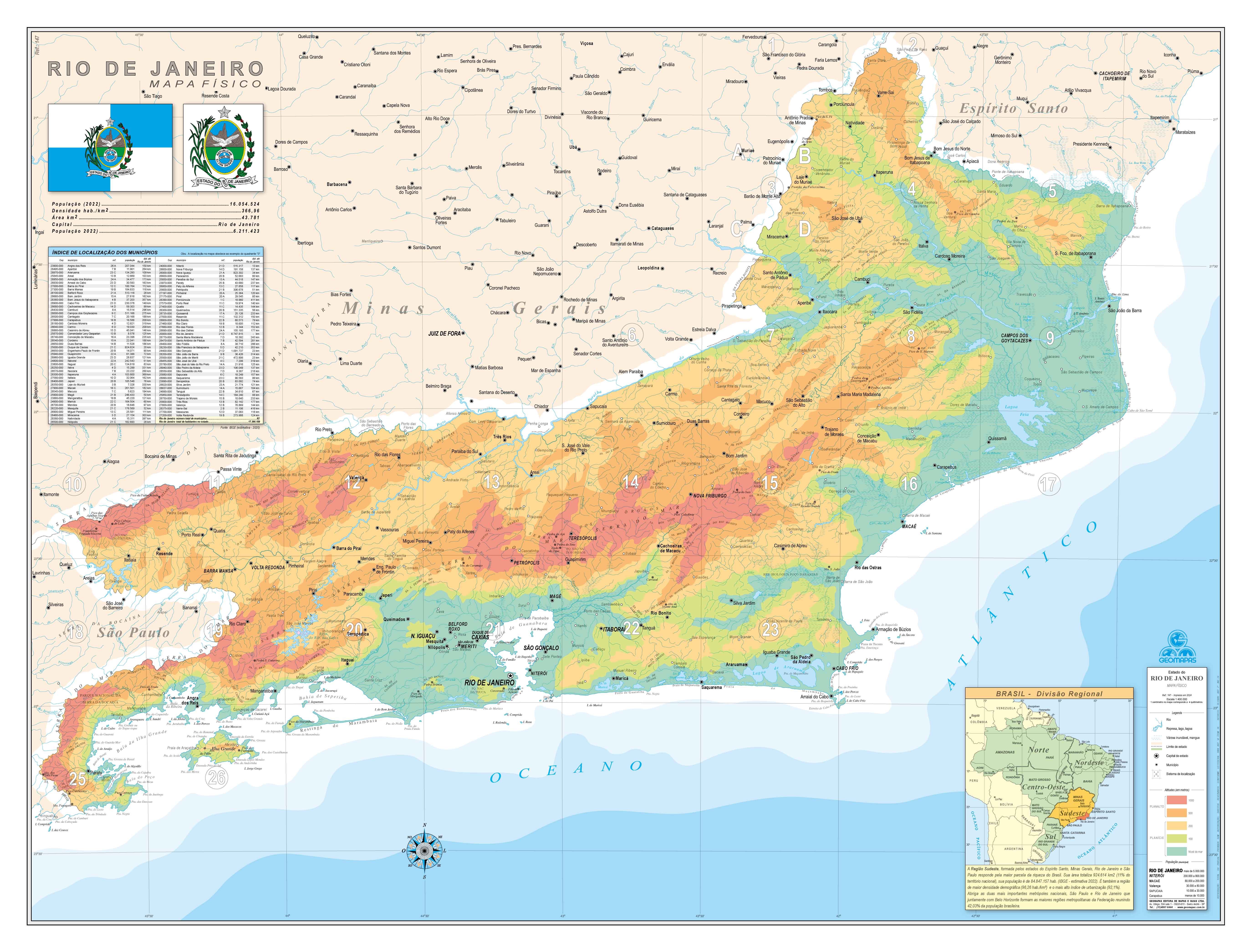 Ref. 541 Mapa do Estado do Rio de Janeiro Físico - Formato 1,20x0,90m