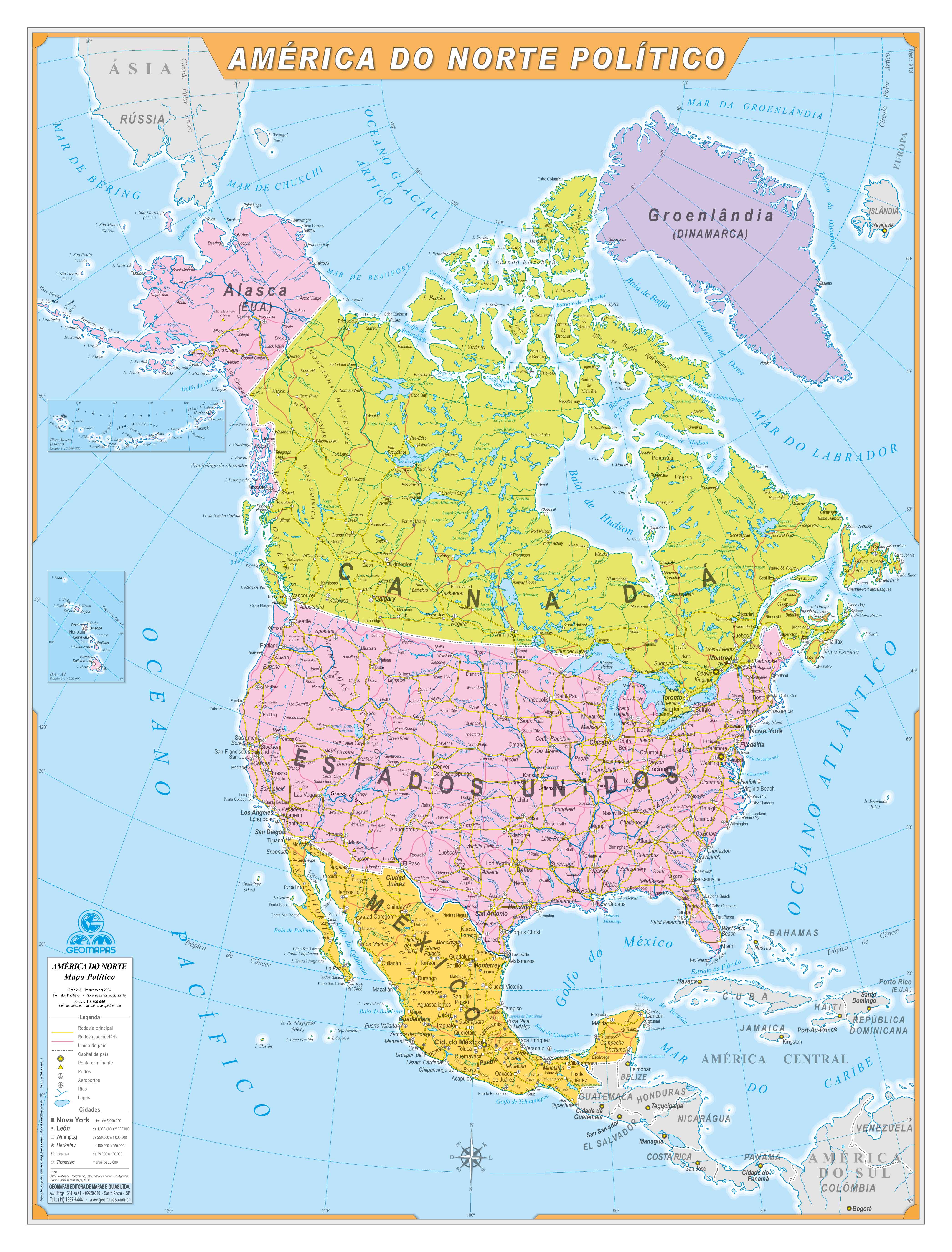 Ref. 213 Mapa da América do Norte Político - Formato: 1,20x0,90m