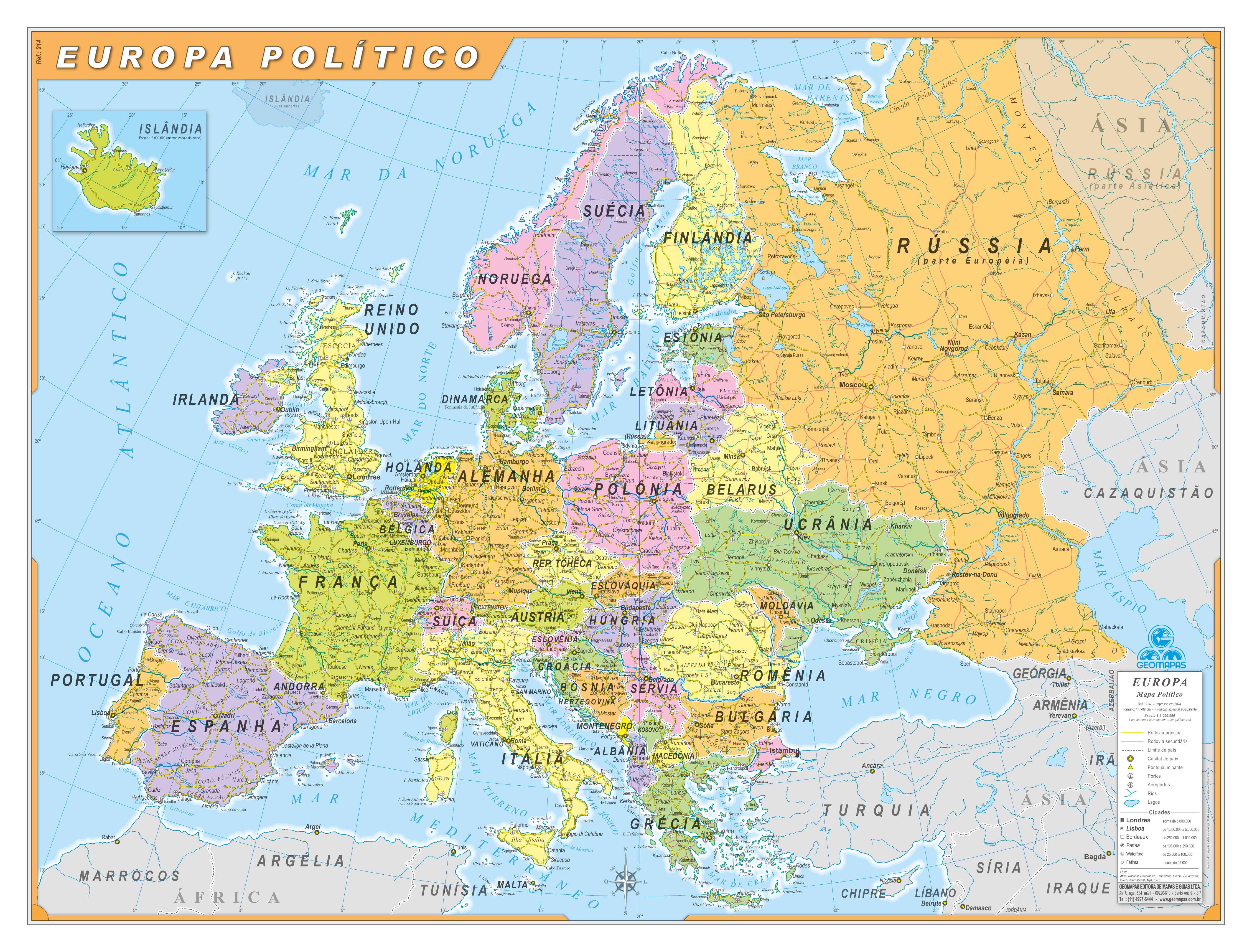 Ref. 214  Mapa da Europa Político - Formato: 1,20x0,90m