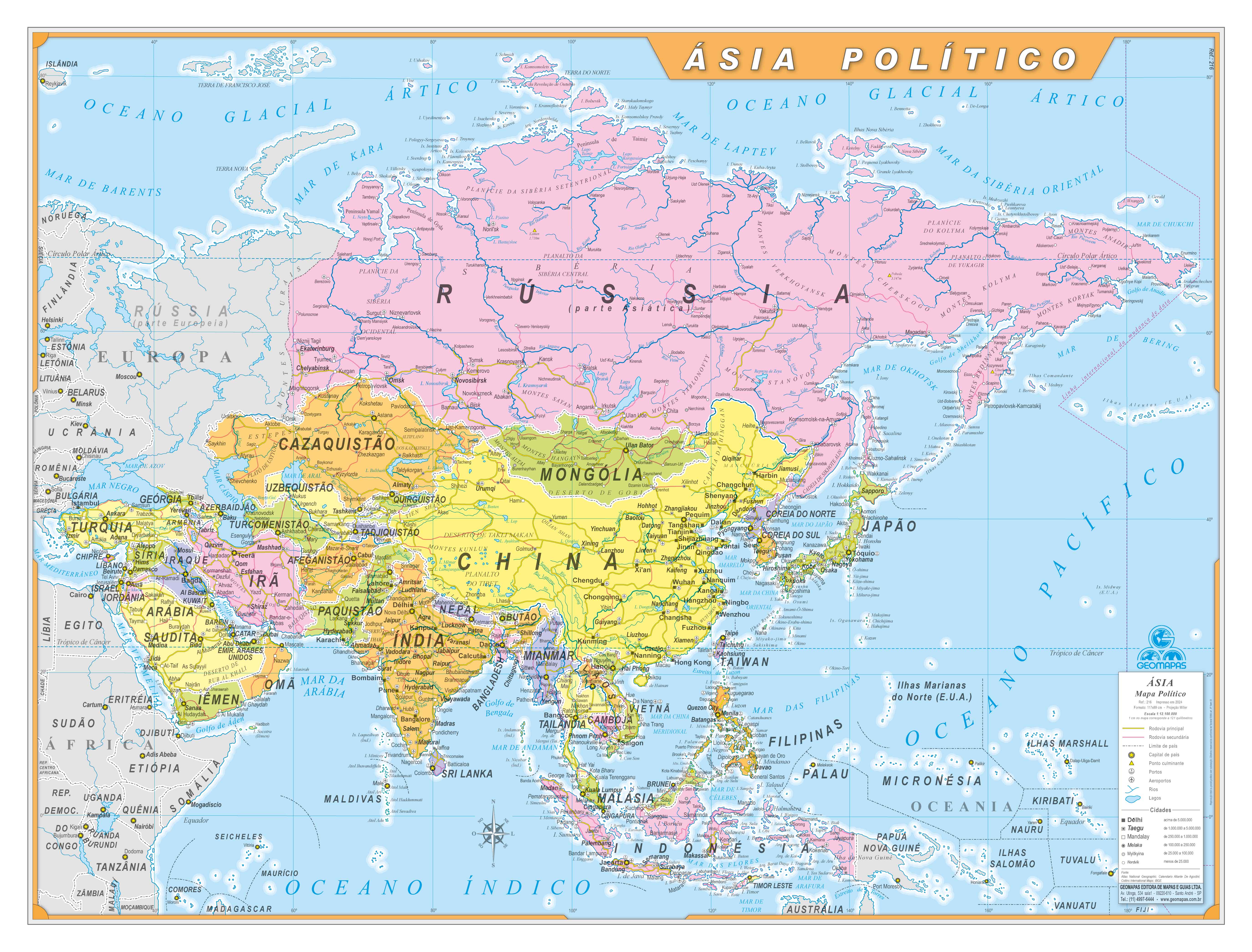 Ref. 216  Mapa da Ásia Político - Formato 1,20x0,90m