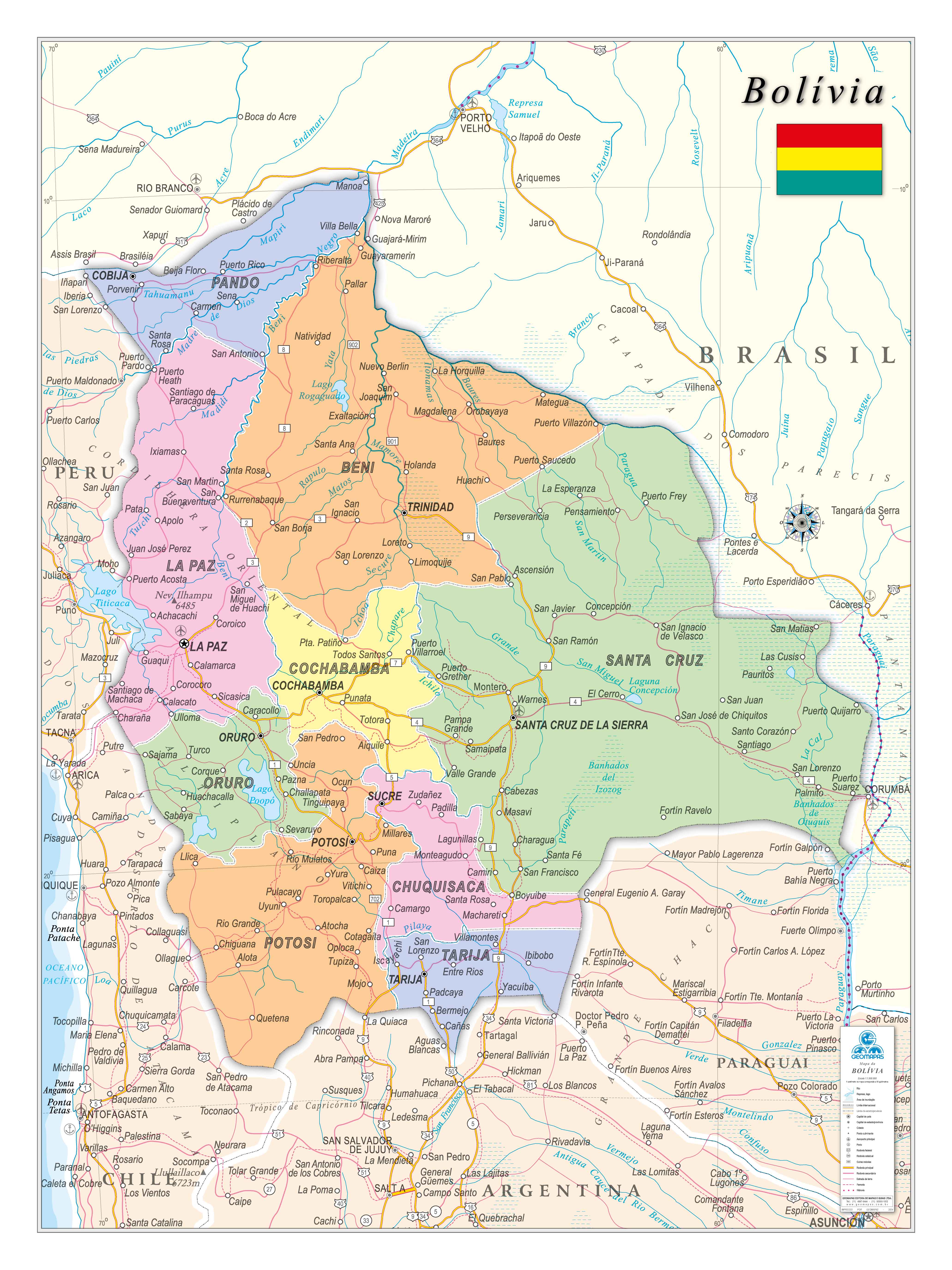 Ref. 234  Mapa da Bolívia Político Rodoviário - Formato 0.90x1.20m