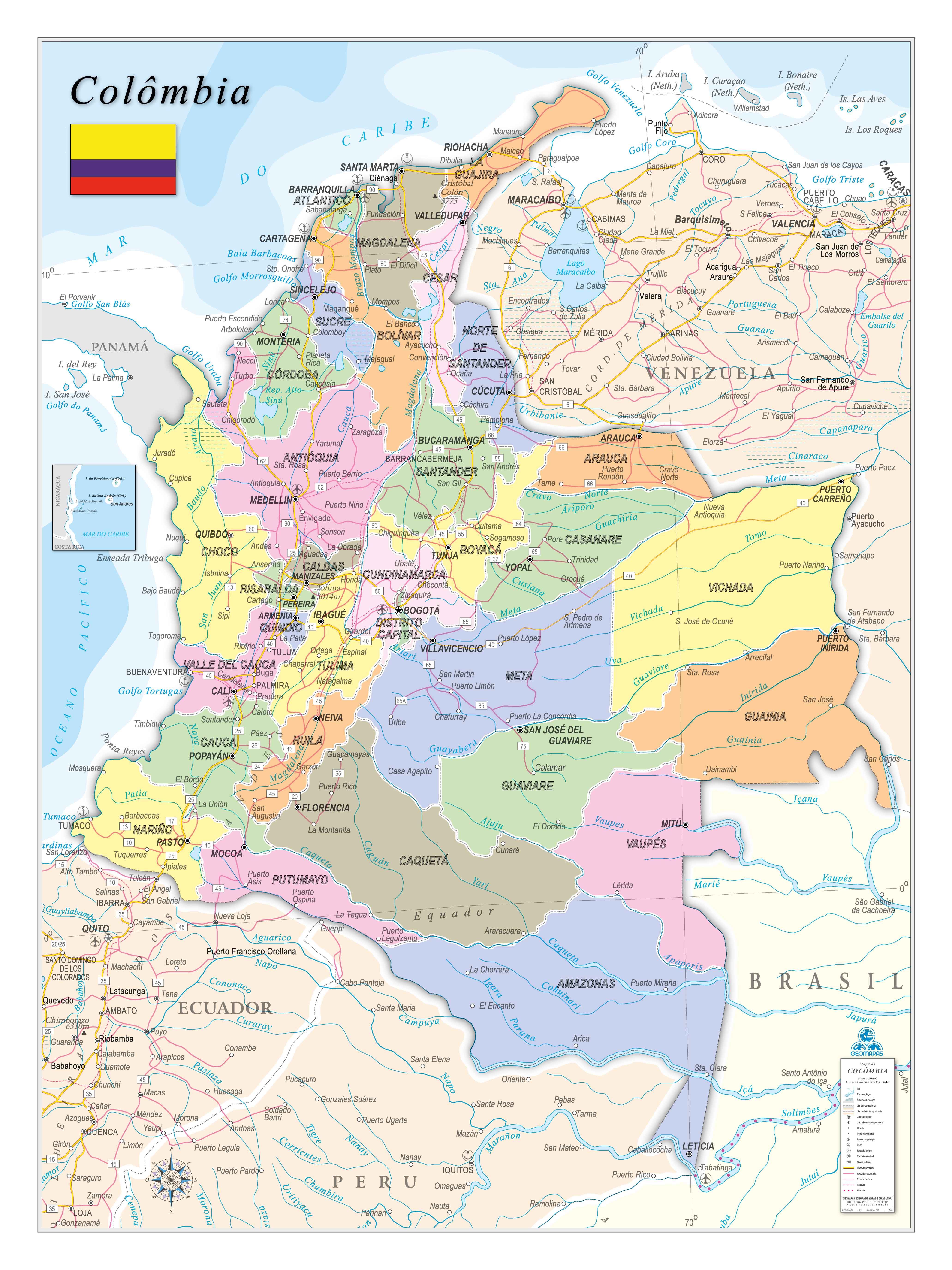 Ref. 237 Mapa da Colômbia Poí.e Rod. - Formato 0.90x1.20m
