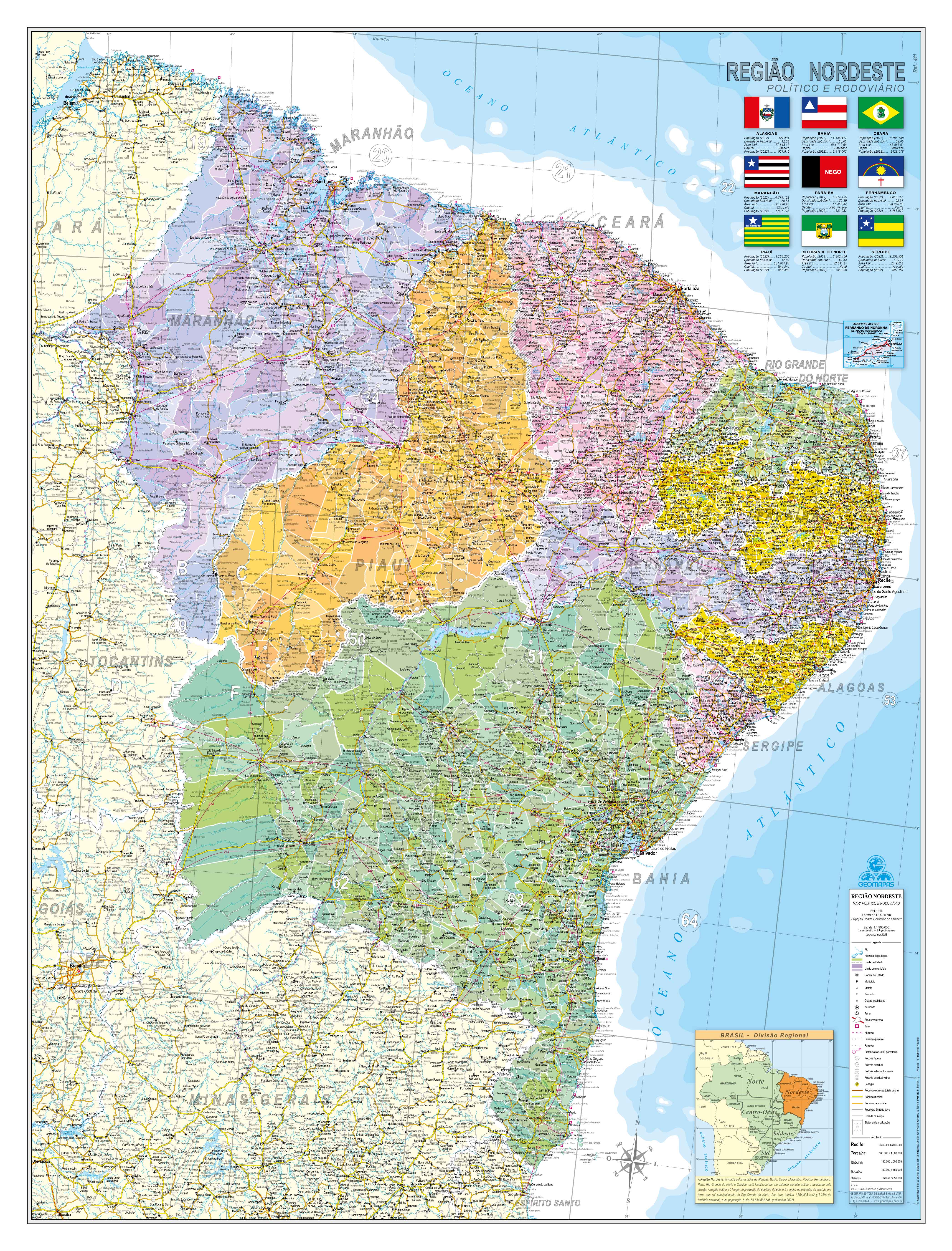 Ref. 411 Mapa da Região Nordeste do Brasil - Formato: 0.90x1.20m
