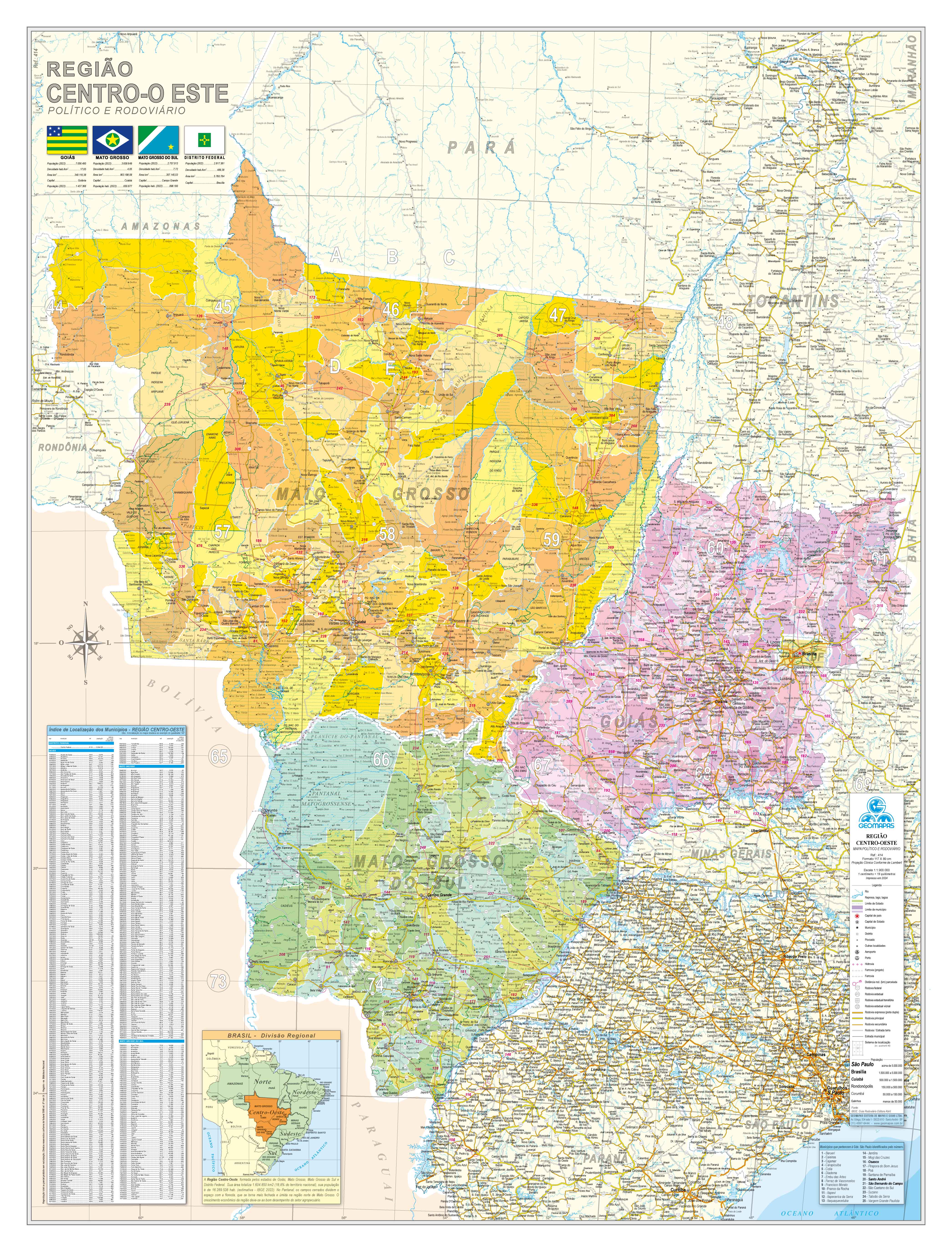 Ref. 414 Mapa da Região Centro-Oeste do Brasil - Formato: 0.90x1.20m