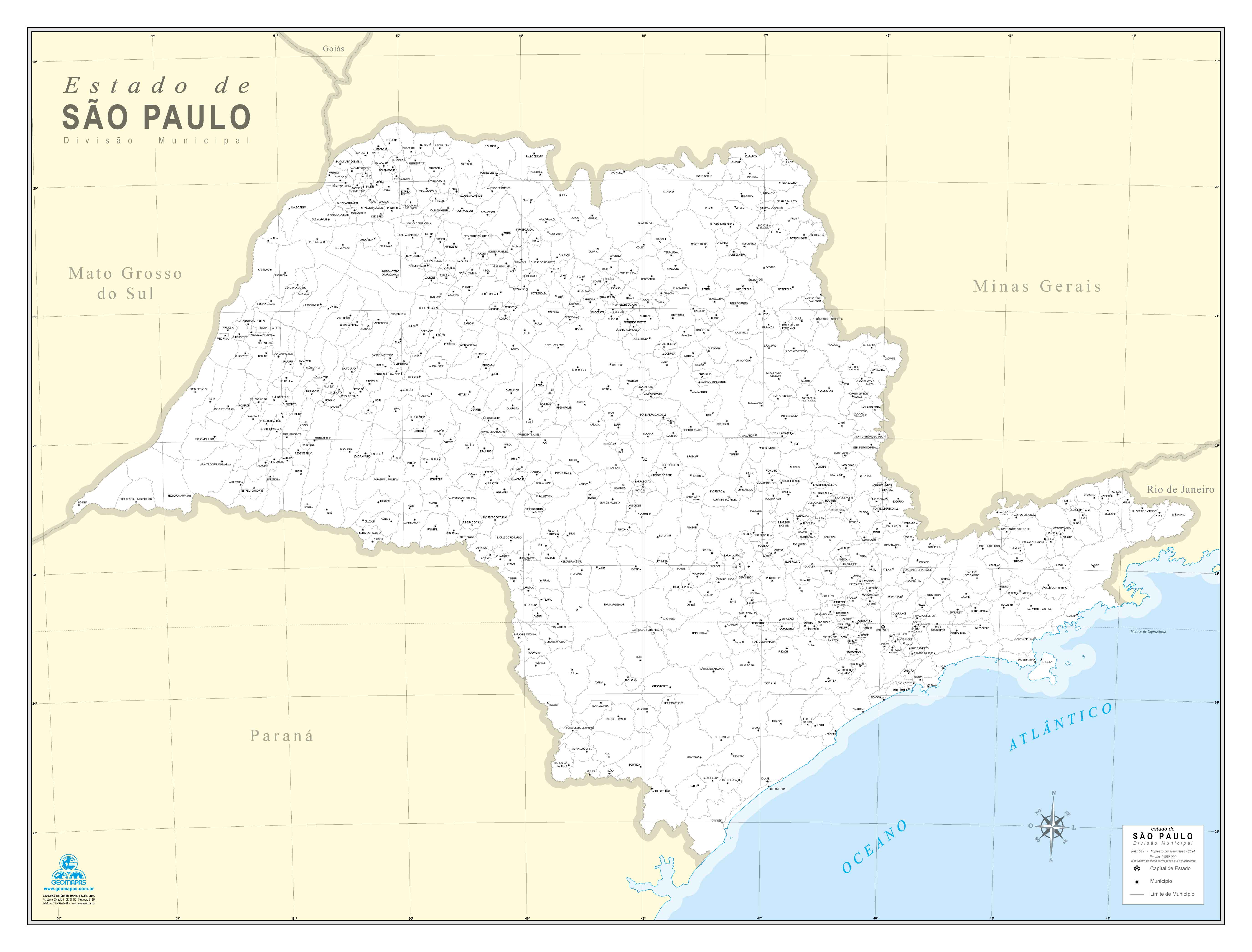 Ref. 513  Mapa do Estado de São Paulo Municipial - Formato: 1.20x0.90m