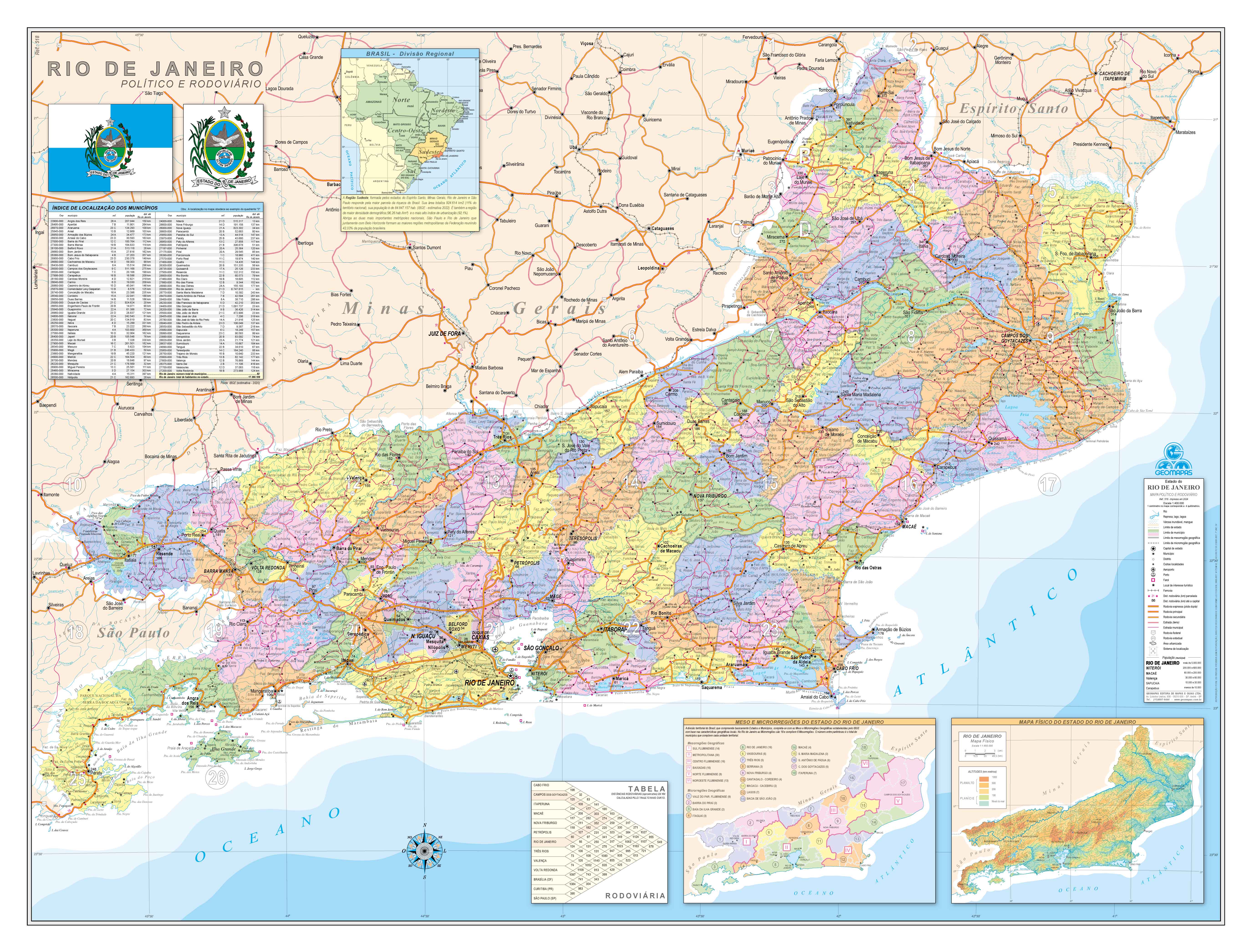 Ref. 518 Mapa do Estado do Rio de Janeiro Pol. e Rod.  Formato: 1.20x0.90m