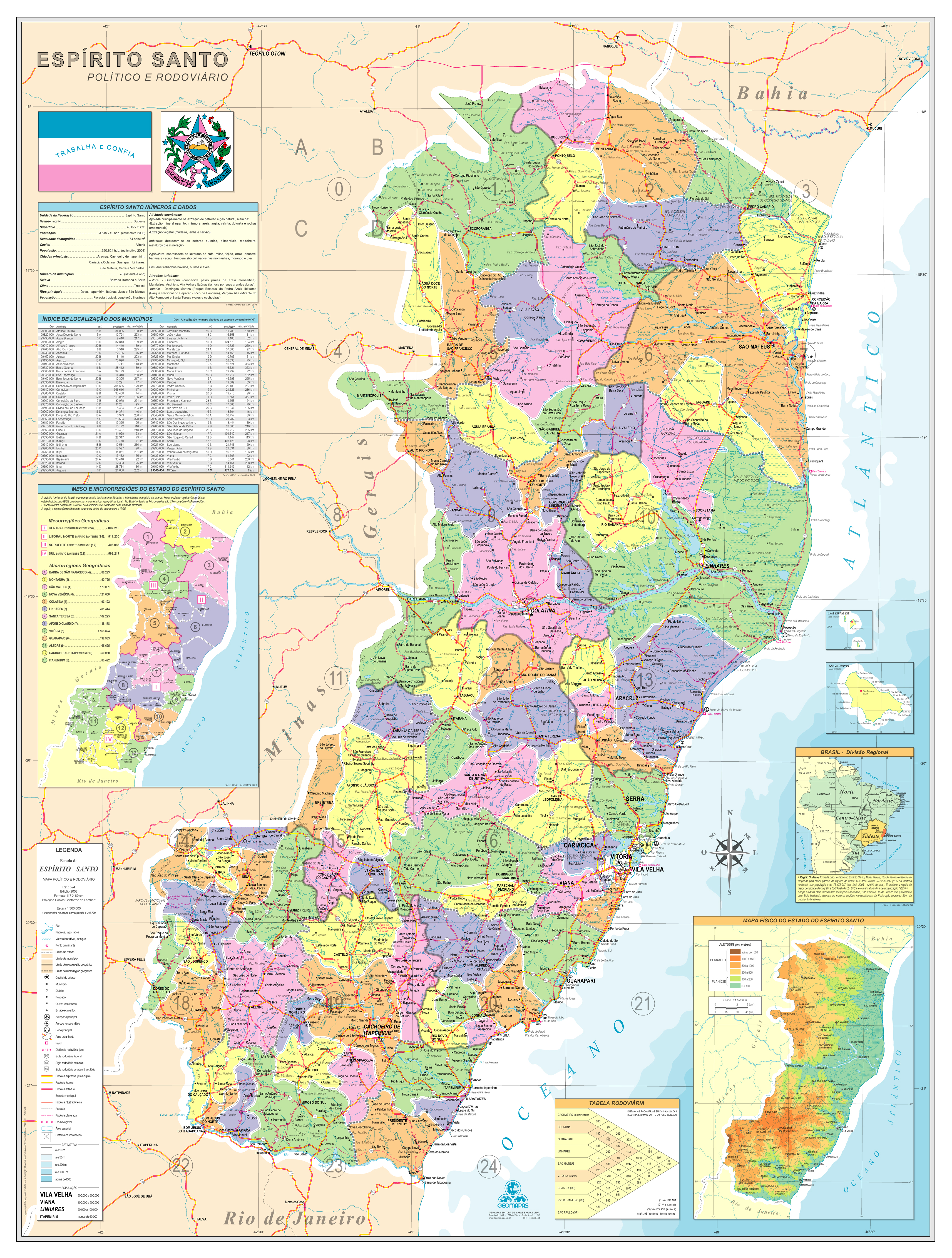 Ref. 524  Mapa do Espírito Santo Político e Rodoviário - Formato 0,90x1,20m
