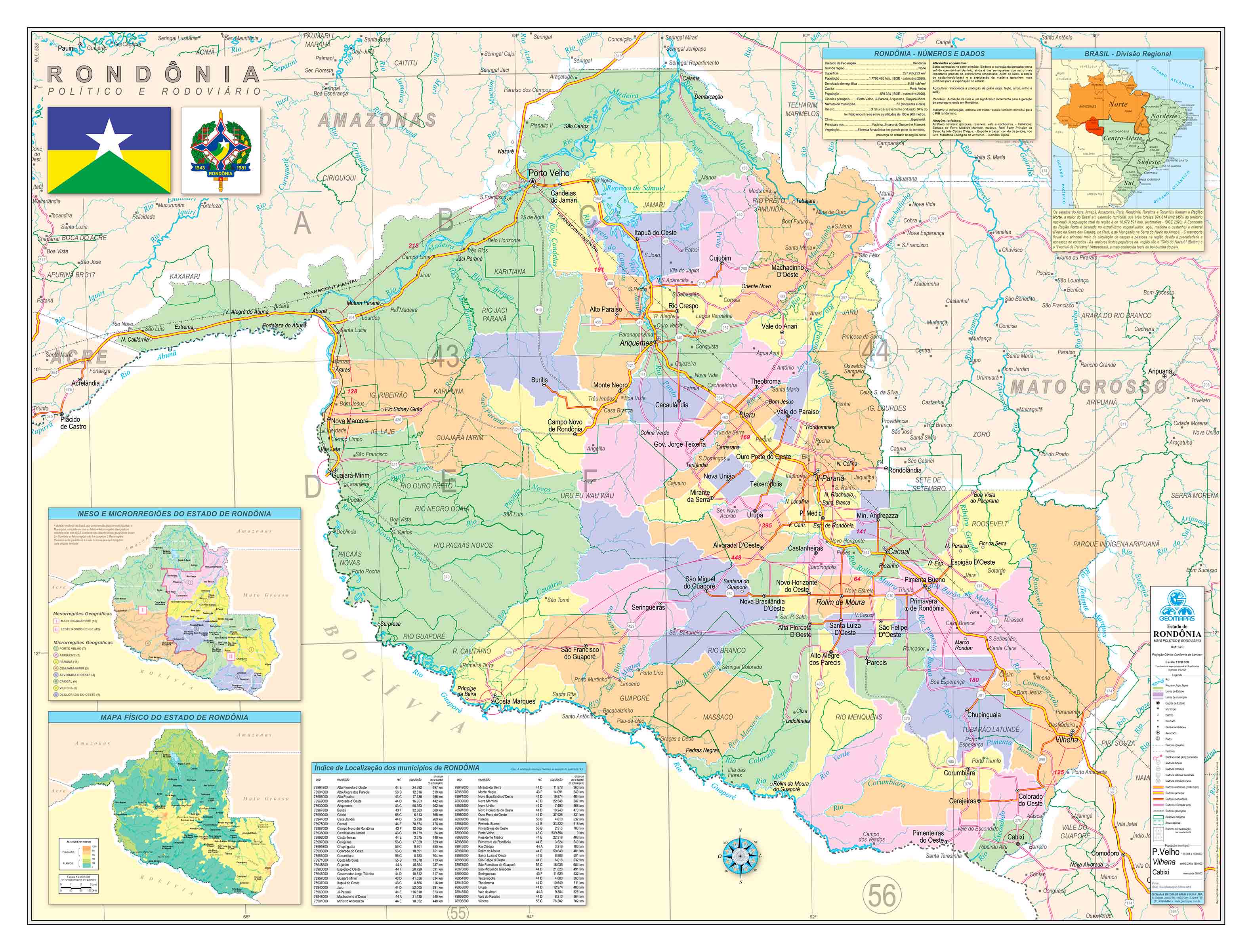 Ref. 528 Mapa do Estado de Rondônia Político e Rodoviário - Formato 1,20 x 0,90m