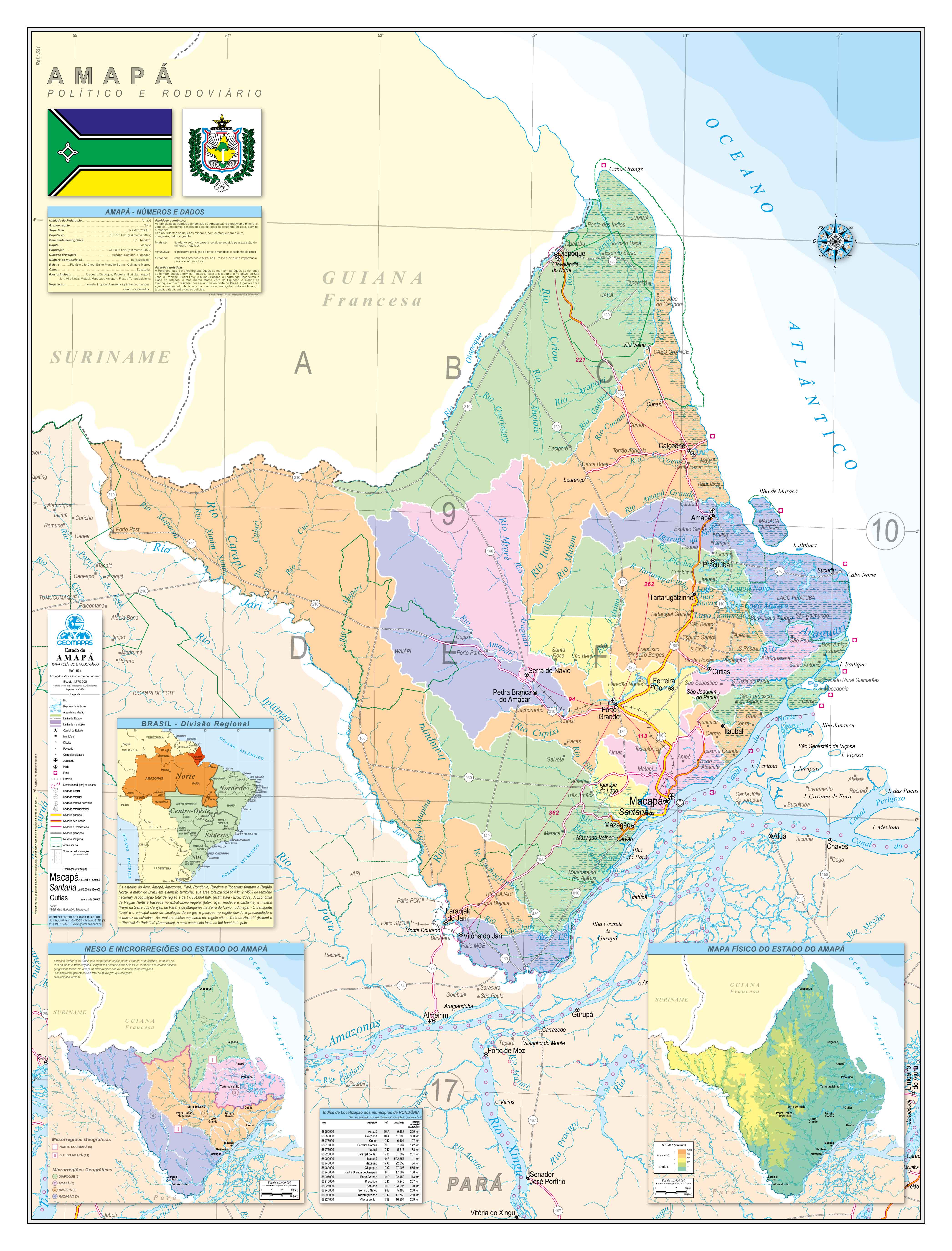 Ref. 531 Mapa do Estado do Amapá Político e Rodoviário - Formato 0,90x1,20m