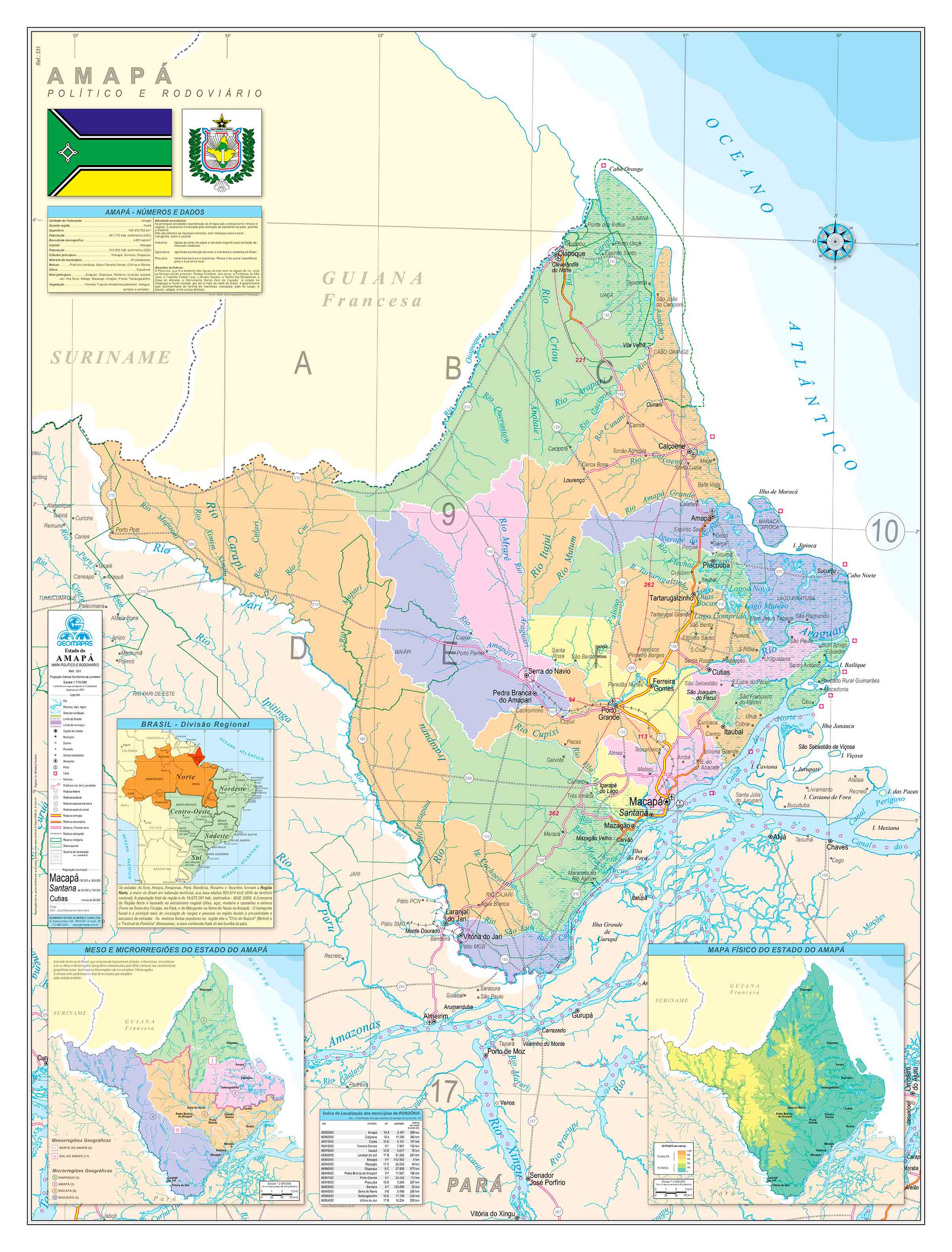 Ref. 531 Mapa do Estado do Amapá Político e Rodoviário - Formato 0,90x1,20m