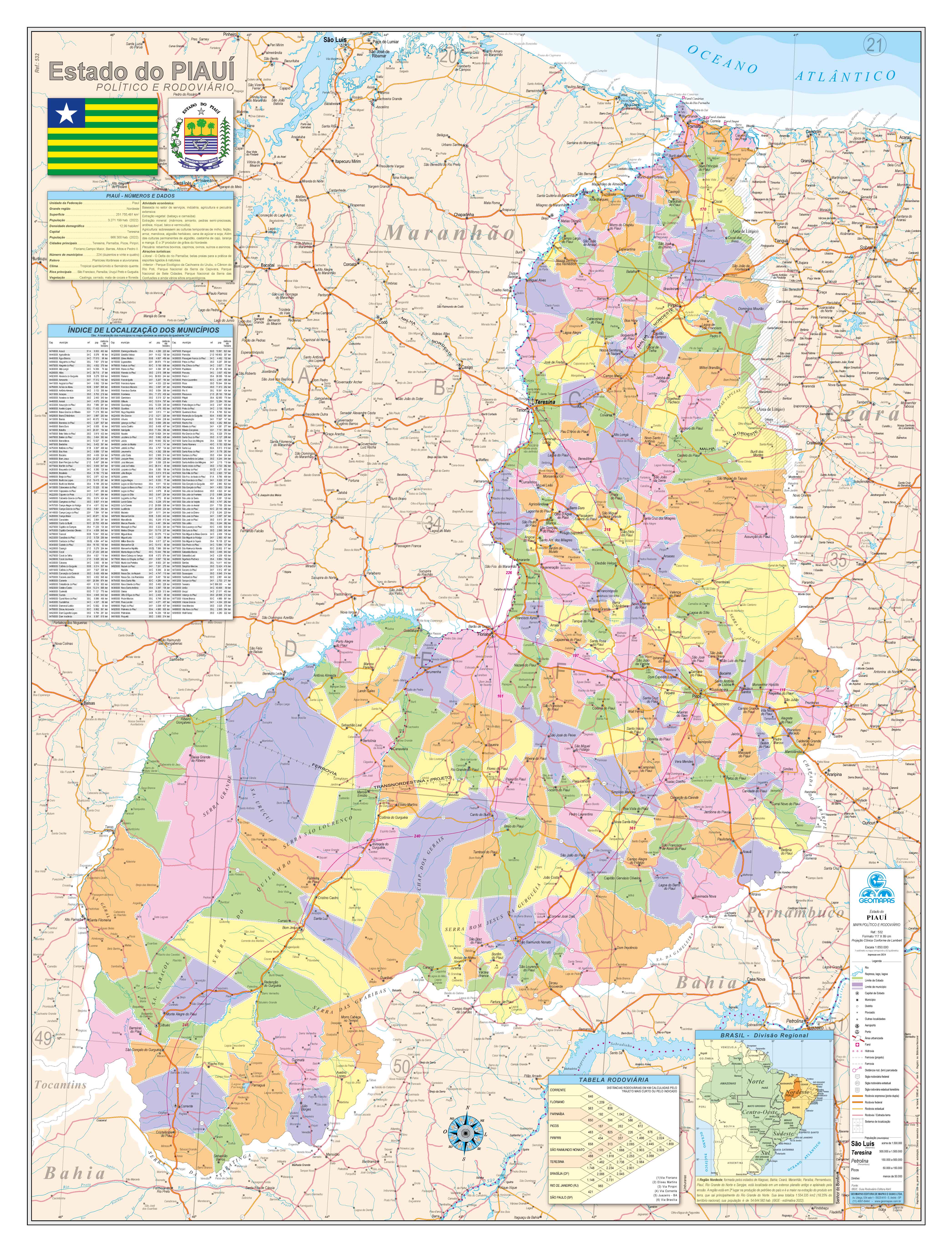 Ref. 532 Mapa do Estado do Piauí Político e Rodoviário - Formato 0,90x1,20m