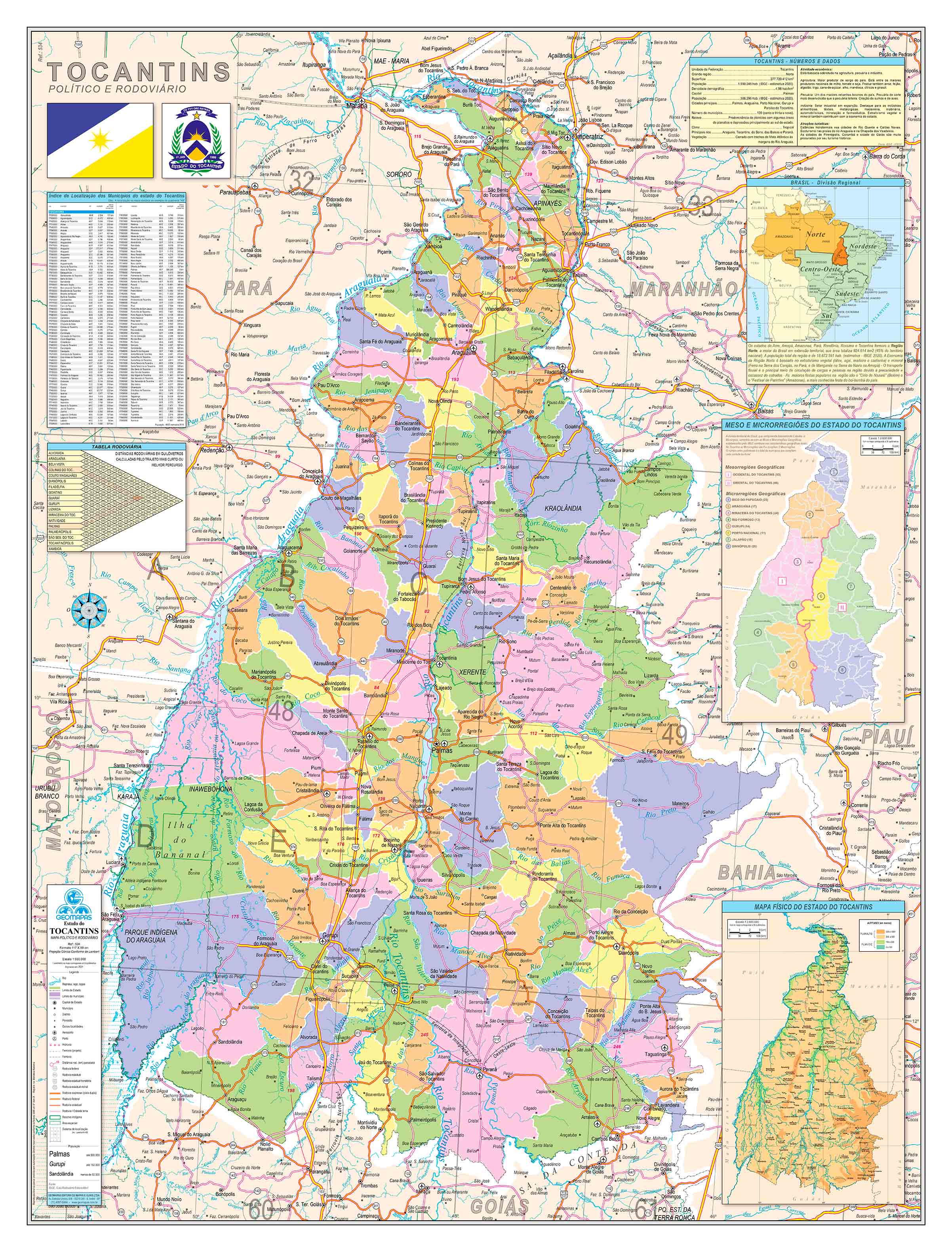 Ref. 534 Mapa do Estado do Tocantins Político e Rodoviário - Formato 0,90x1,20m