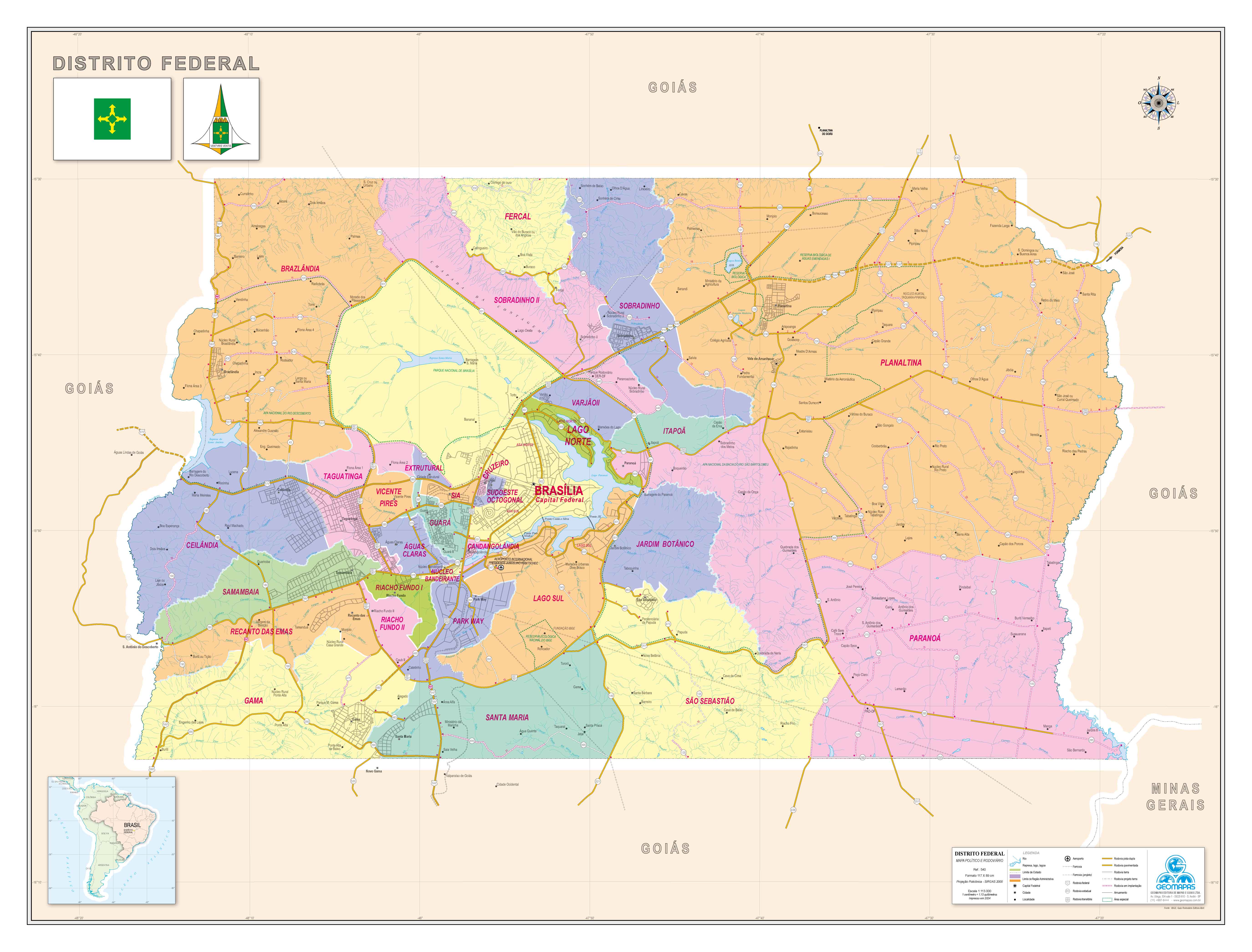 Ref. 540 Mapa do Distrito Federal Político e Rodoviário - Formato 1,20x0,90m