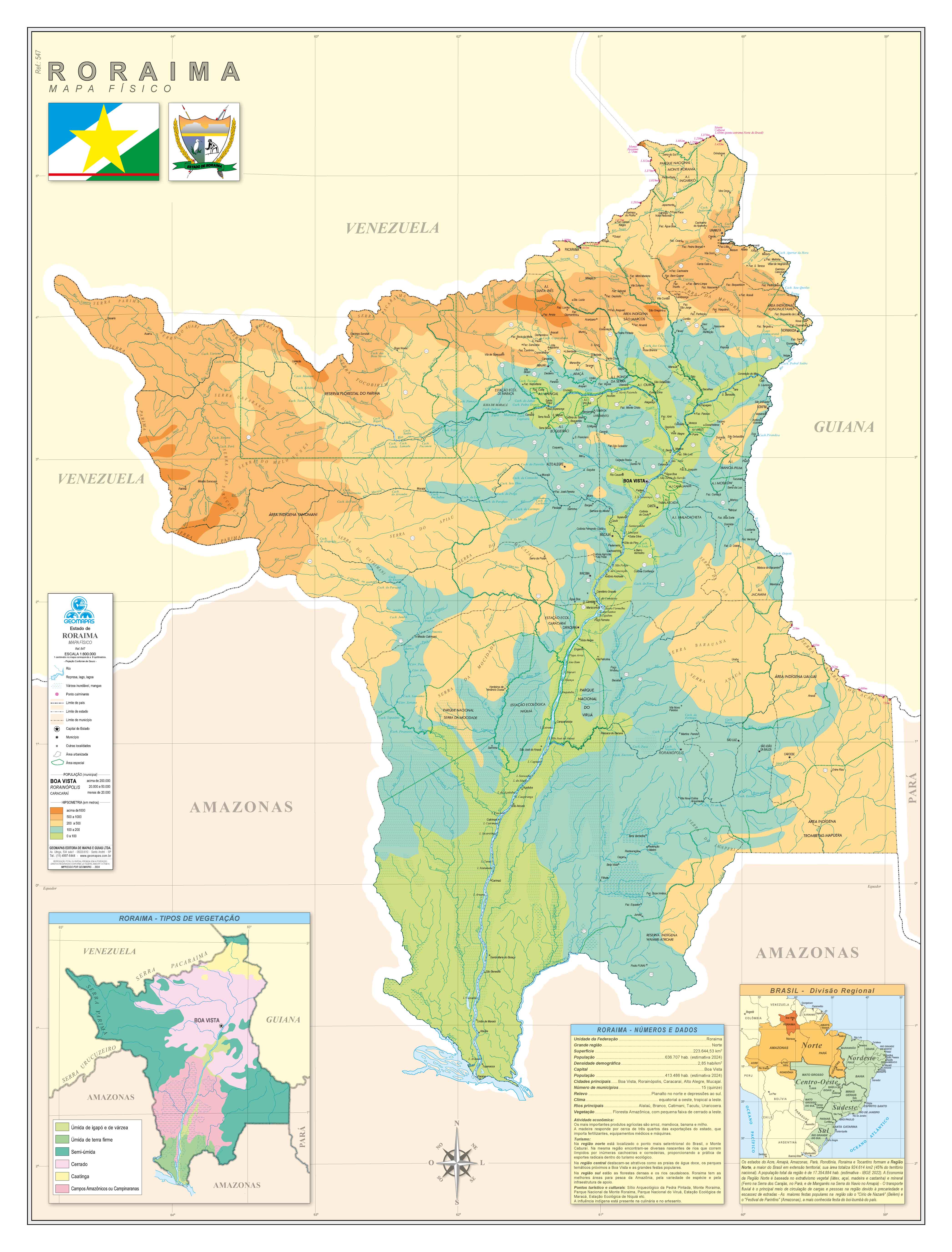 Ref. 547 Mapa do Estado de Roraima Físico - Formato 0,90x1,20m