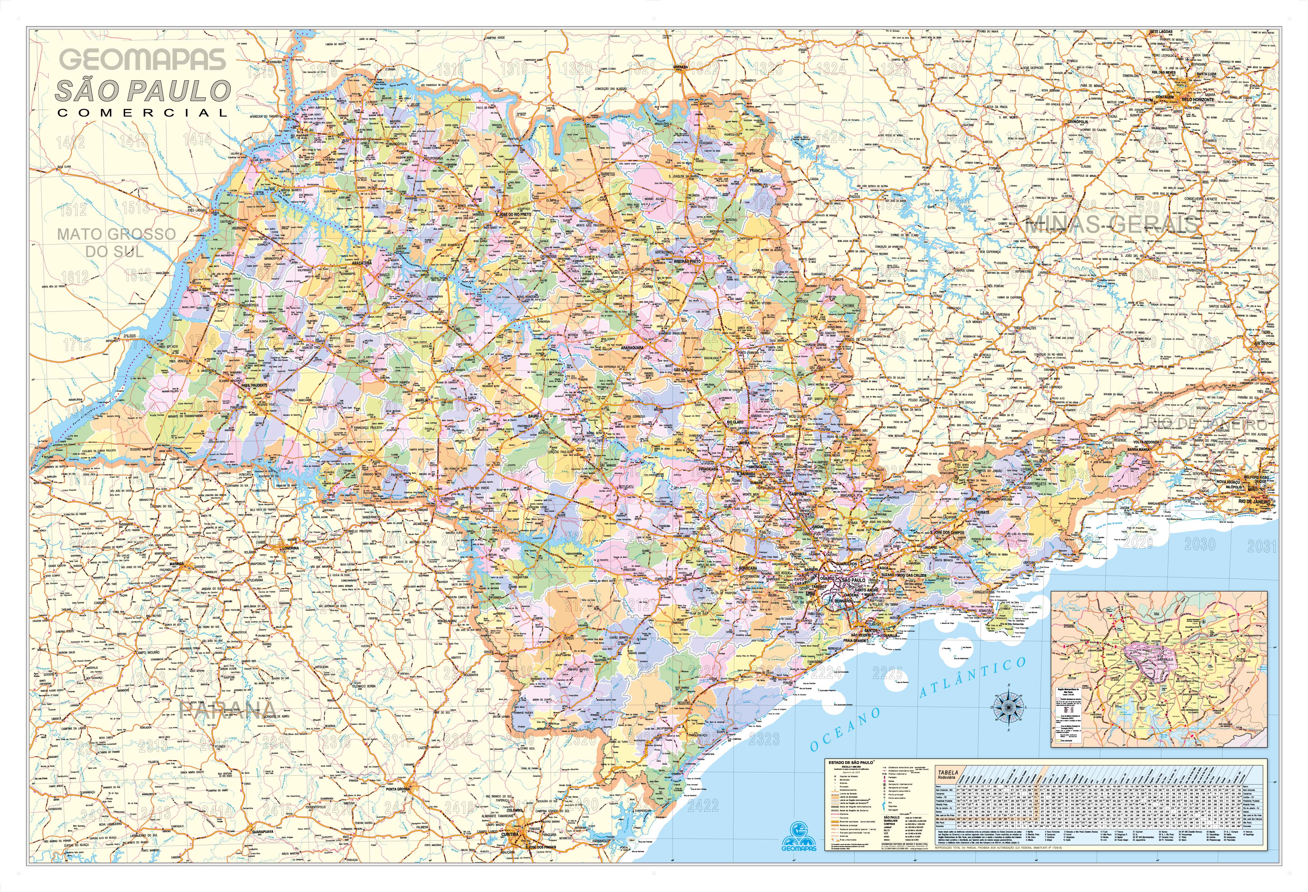 Ref. 562  Mapa do Estado de São Paulo Comercial - Formato:  1.76x1.20m