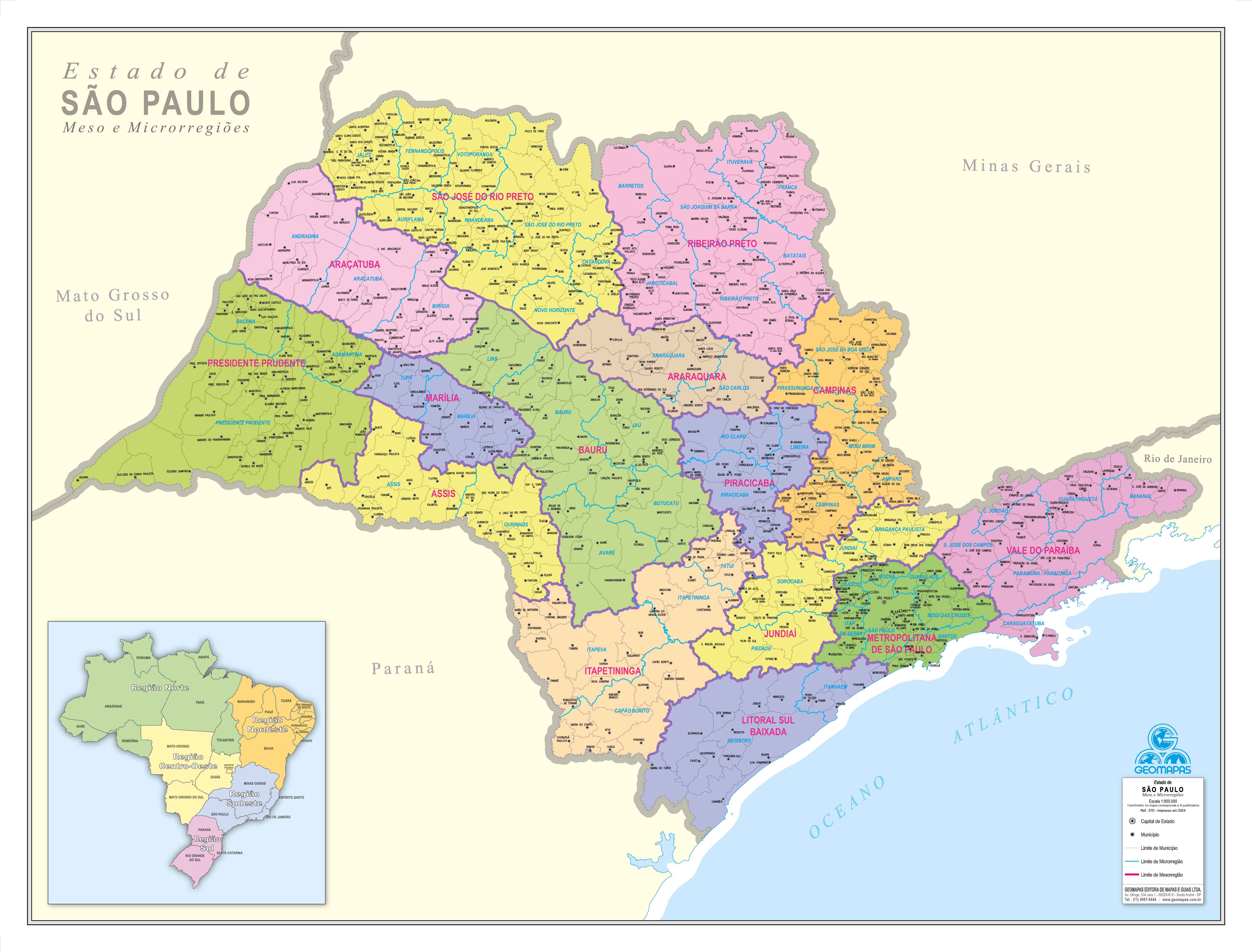 Ref. 570  Mapa do Estado de São Paulo Meso e Micro Regiões- Formato: 1.20x0.90m