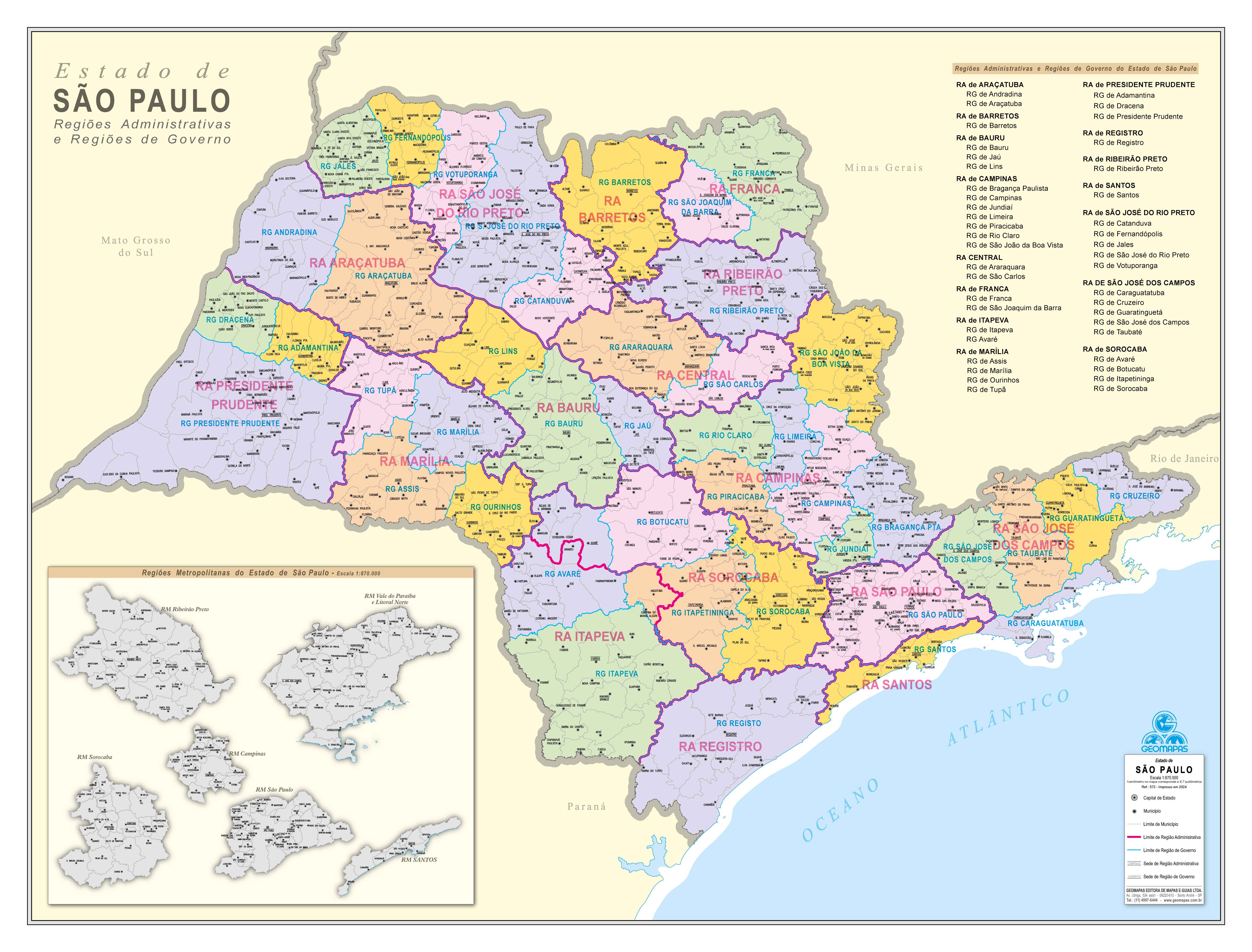Ref. 572 Mapa do Estado de São Paulo Regiões Administrativas - Formato 1.20x0.90m