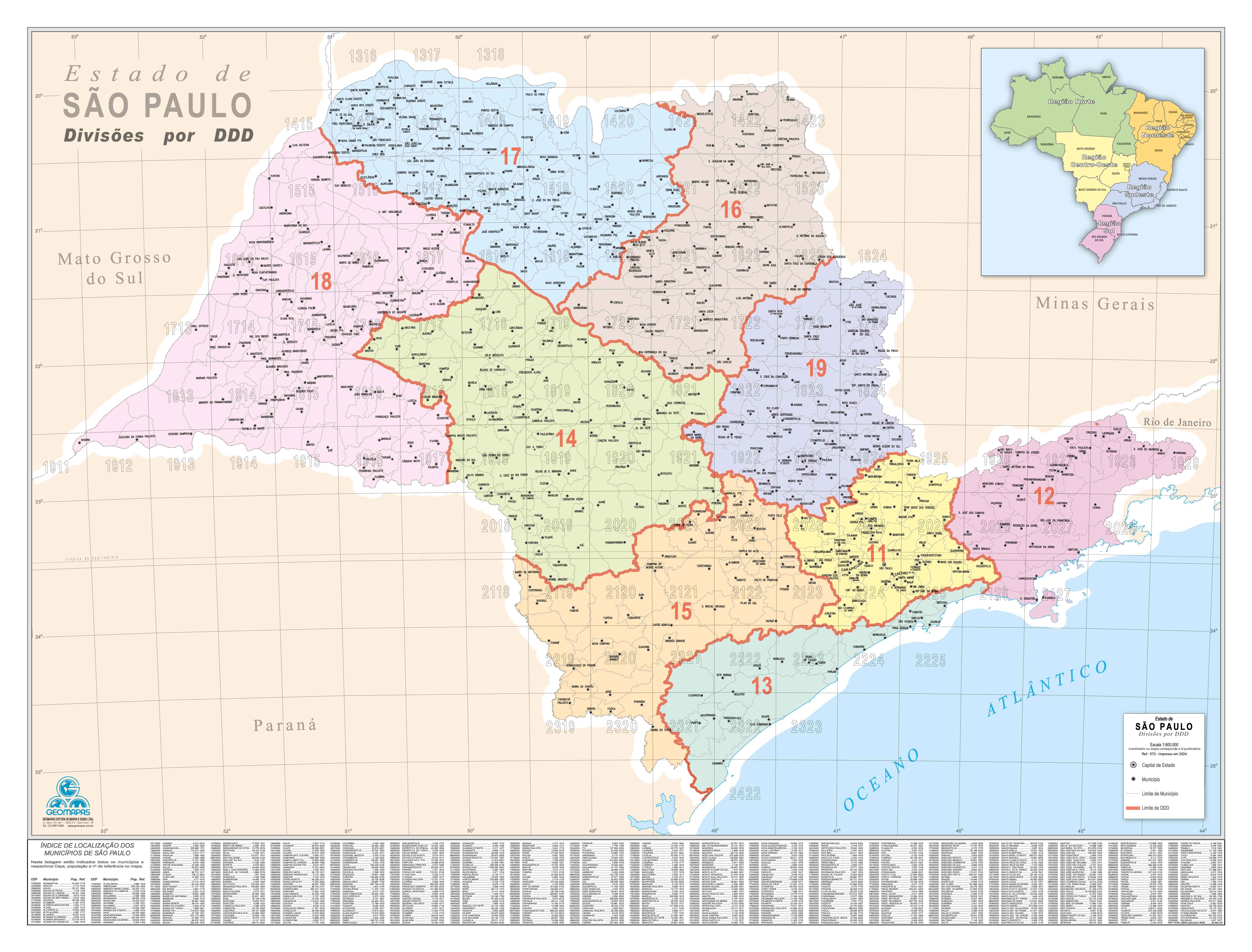 Ref. 573  Estado de São Paulo Divisão por DDD - Formato: 1.20x0.90m