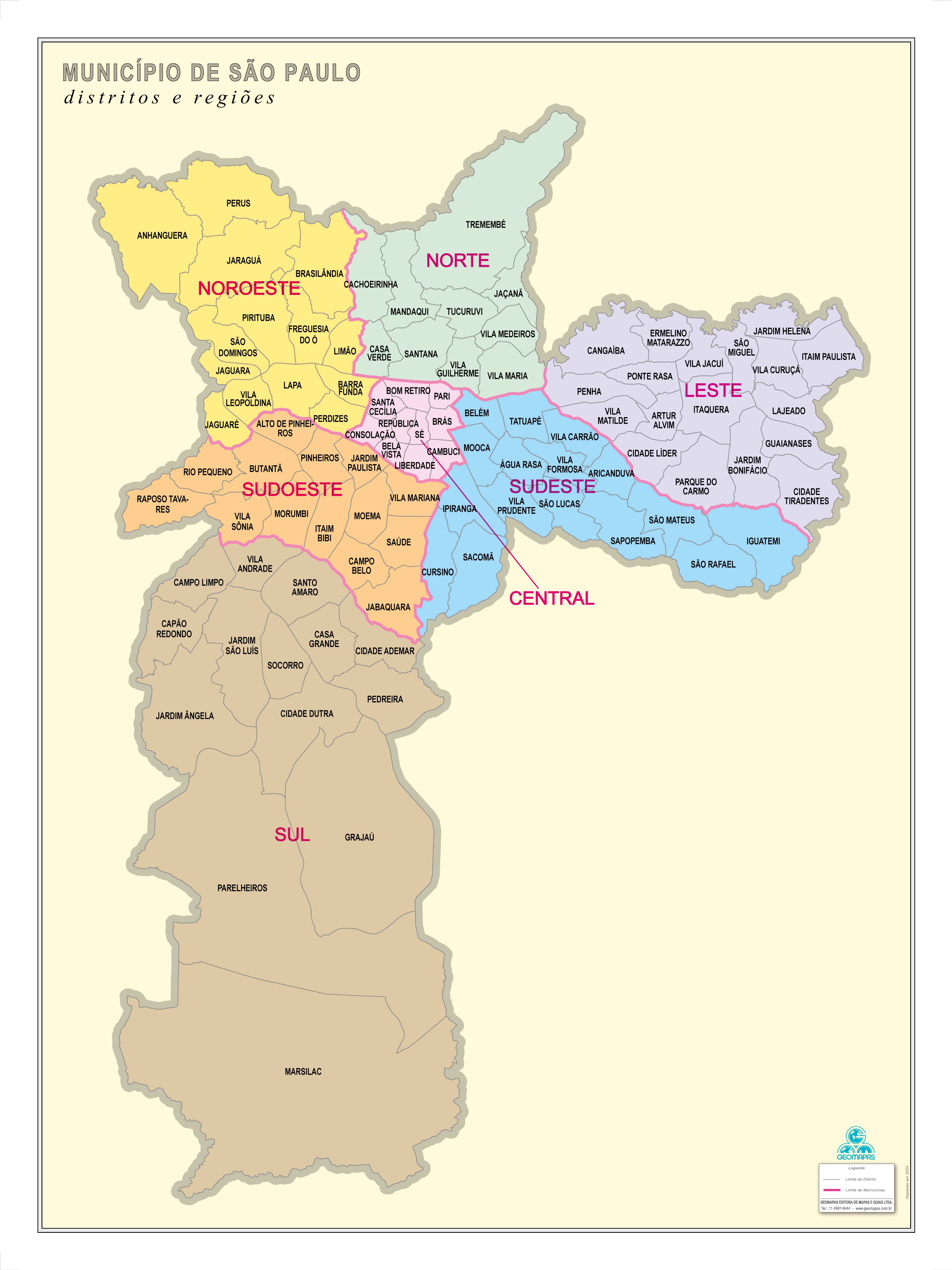 Ref. 717 Mapa dos Distritos e Regiões do Município de SP - Formato: 0.90x1.20m